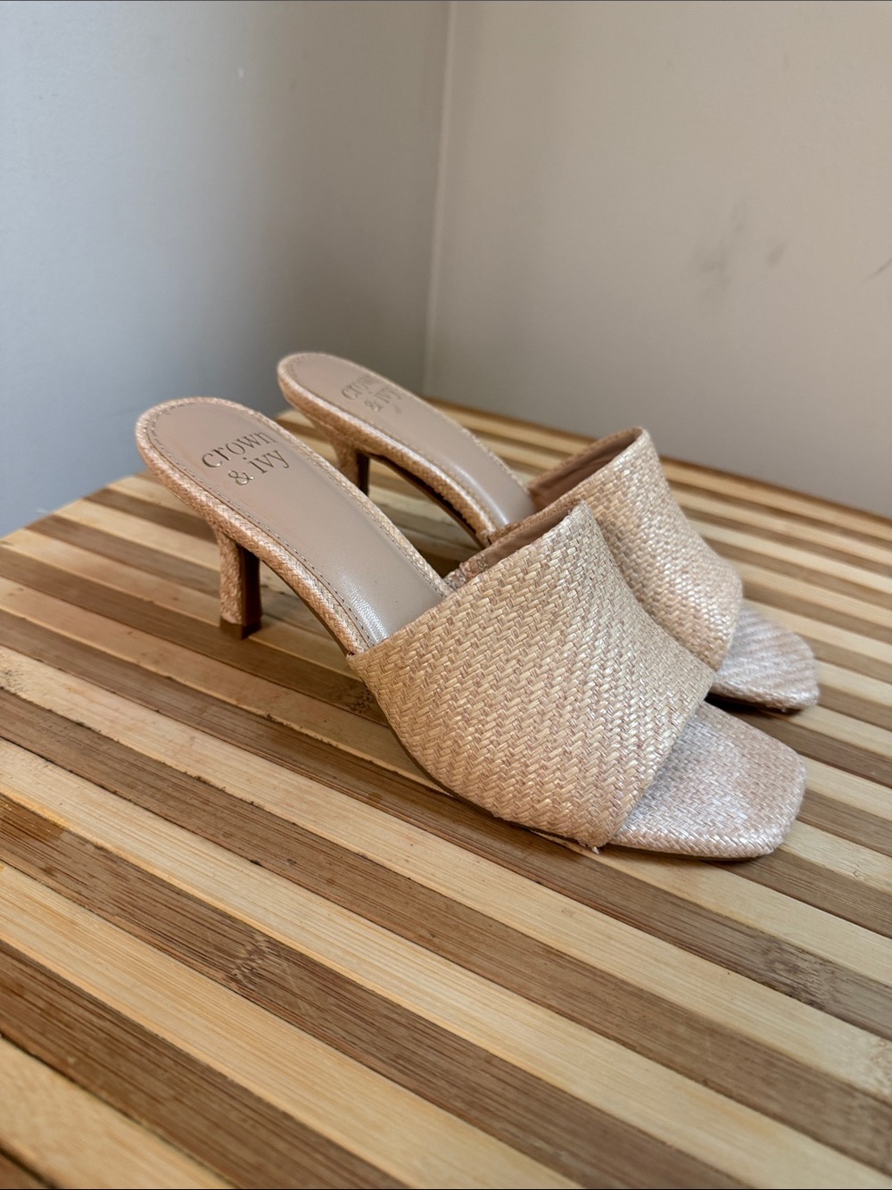crown & ivy beige woven slide mules
